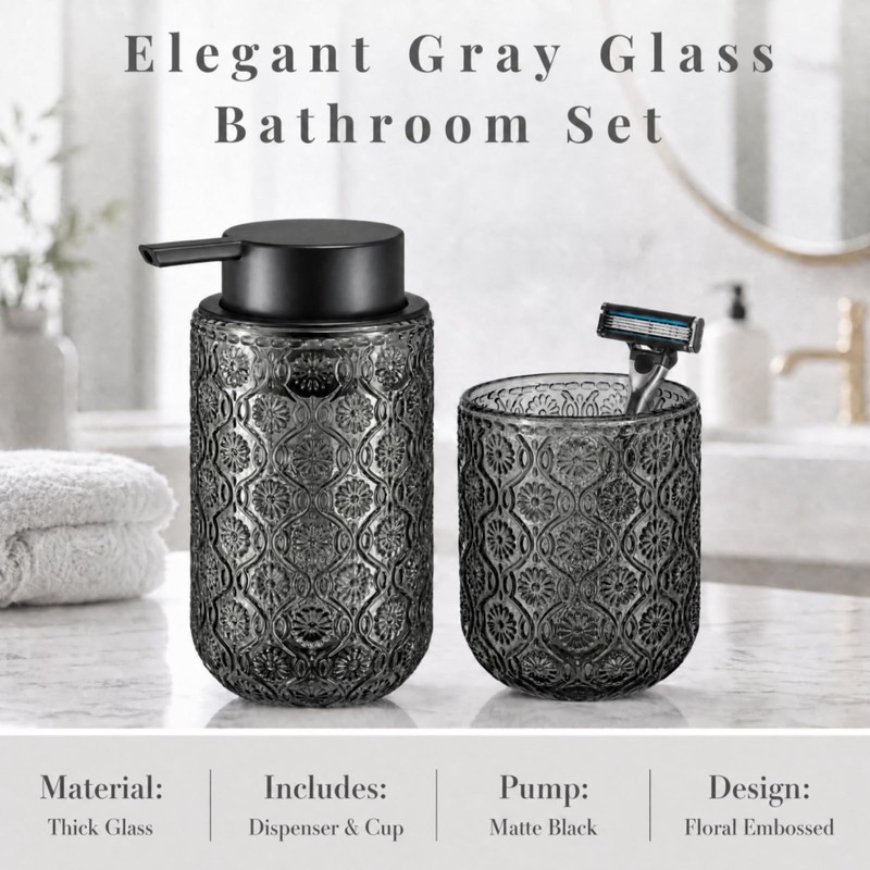 Grey Glass Bathroom Liquid soap Dispenser and Toothbrush Holder Set