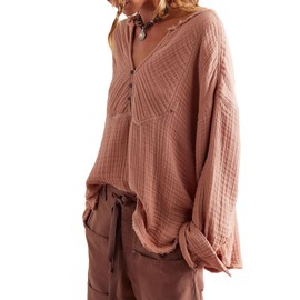 D-Sun Women's Long Sleeves Shirt V Neck Button Up Blouse Top Oversized Cotton Raw Edge Casual Gauze Shirt Salmon Pink