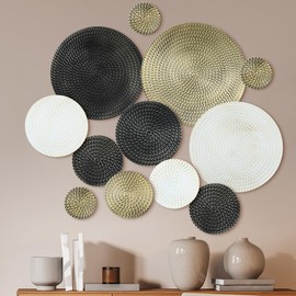 Pickmesh 12 Pcs Black Gold and White Metal Wall Decor 3.9 to 13.8 Inch Large Modern Round Metal Wall Art 3D Circles Textured Hanging Sculpture for Living Room Bedroom Office Decor New Home Gifts