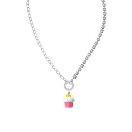 Delight Jewelry Resin Pink Cupcake with White Frosting Stronger Braver Smarter Mixed Cable and Imitation Pearl Chain Choker Necklace, 14.75-17"