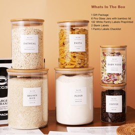 CZZGSM Set of 6 Glass Flour and Sugar jars with 132 Kitchen Pantry Labels - Thicken Large Glass Storage containers with Airtight Bamboo Lid - Rice Canisters for Salt Coffee(100OZ/54OZ/27OZ)