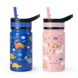 BUZIO - Paquete de 2 botellas de agua para niños, de acero inoxidable de 14 onzas, aisladas al aspiradora, con tapa de popote, frasco de boca ancha a prueba de fugas para niños y niñas (unicornio rosa + dinosaurio azul)
