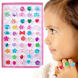 JSTHHTT 50Pcs Girls Crystal Jewelry Rings, Toy Rings for Girls, Adjustable Rings Set for Little Girls, No duplication, Girl Pretend Play and Dress up Rings for Girls Birthday Party Favor Supplies