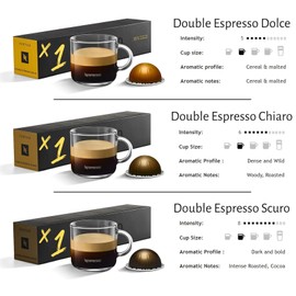 Vertuo Coffee Pods Bundle with Wishesla Quick Dry Ultra-Absorbent Towel - Includes 3 Sleeves of Double Espresso Pods (80ml): Dolce, Chiaro, Scuro, Intensity 5, 8 and 11