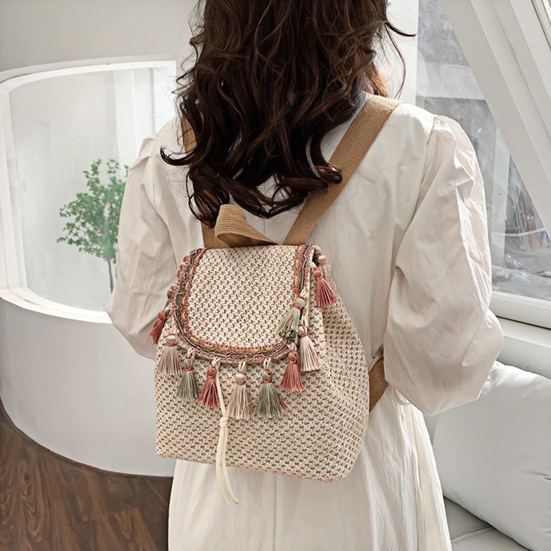 Women Mini Straw Flap Backpack Boho Summer Fringed Tassel Shoulder