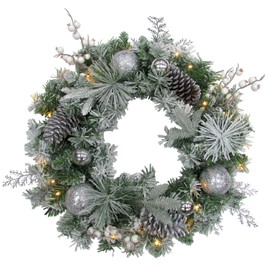 Fraser Hill Farm 24" Christmas Pre Lit Frosted Wreath with Ornaments, Pinecones, and Berries, FF024CHWR003-1SN