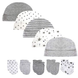 Baby hat and mittens set Newborn - 5pcs Baby Hats Caps & 5 Pairs Baby Scratch Mittens Gloves for baby boys girls 0-6 Months 100% Cotton(Grey)