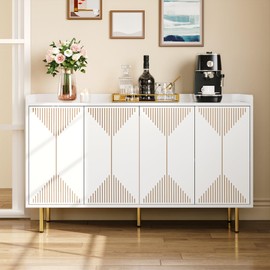 DWVO Modern Kitchen Storage Cabinet with Adjustable Shelves, 55" Sideboard Buffet Cabinet with Storage for Hallway, Kitchen or Living Room, White/Gold