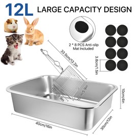 Lainballow Stainless Steel Cat Litter Box, 16 x 12 x 4 Large Litter Box, Non Stick Kitty Litter Pan with Metal Litter Scoop and Anti Slip Stickers for Kitten, Guinea Pig and Rabbit
