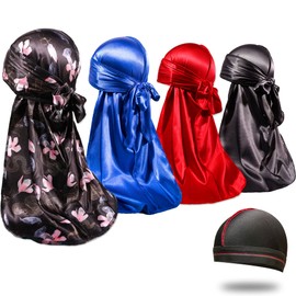 4 piezas de tela sedosa para hombres 360 olas, diseñador Do Rag, premio 1 Wave Cap, Snack Flor Azul Negro Rojo, Medium