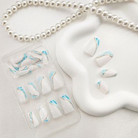 Press on Nails Short Coffin Fake Nails Smudge Glue on Nails Glossy False Nails with Gold Glitter Designs White and Blue Full Cover Acrylic Nails Simple and Natural Artificial Nails for Women 24 Pcs