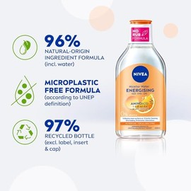 NIVEA Limpiador facial energizante de agua micelar con vitamina C y complejo de aminoácidos, eliminación de maquillaje suave y líquido de limpieza fac