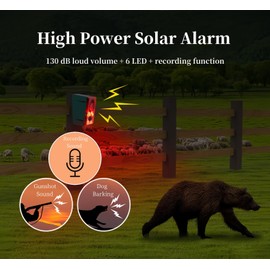Lancoon Solar Motion Sensor Alarm Outdoor with Barking Shot Sound 130 dB Loud Siren Lamp Strobe Light with Remote Security for Home Garden Yard