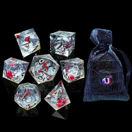 HAOMEJA Flower Dice Liquid Core Resin DND Dice Set 7Pcs with Bag Sharp Edge Polyhedral Dice, Apply to D&D Dungeons & Dragons Role-Playing Games Dice Games Gift (Transparent & Silver Word)