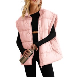 ReachMe Womens Oversized Puffer Vests Stand Collar Puffy Vest Tops Cap Sleeve Quilted Jacket Winter Coats with Pockets (Pink,XL)