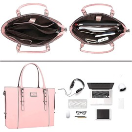 MOSISO PU Leather Laptop Tote Bag for Women (15-16 inch), Waterproof Large Capacity Business Work Briefcase Shoulder Laptop Bag, Rose Quartz