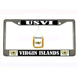 USVI Virgin Islands Chrome Metal Auto License Plate Frame Car Tag Holder with car Banner Flag