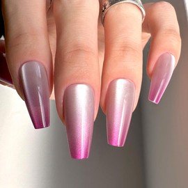 Redykat Handmade 30PCS Cat Eye Glossy Coffin Press On Nails, Extra Long Gel Purple Fake Nails, Gel Finished Ombre False Nails, Salon Quality Nail art, Home Quick Manicure