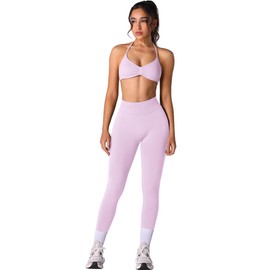 ABOCIW Pink Workout Sets for Women 2 Piece Seamless Scrunch Butt Lifting High Waist Impact Gym Leggings Matching Halter Sports Bra Active Wear Yoga Outfits #1 Pink Medium