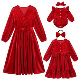 Mommy and Me Christmas Dresses Long Sleeve Santa Claus Dark Green Red V Neck Ruffle Velvet Dress Fall Winter Xmas Holiday Party Burgundy Mom Daughter Matching Outfits Photoshoot Red 6-9 Months