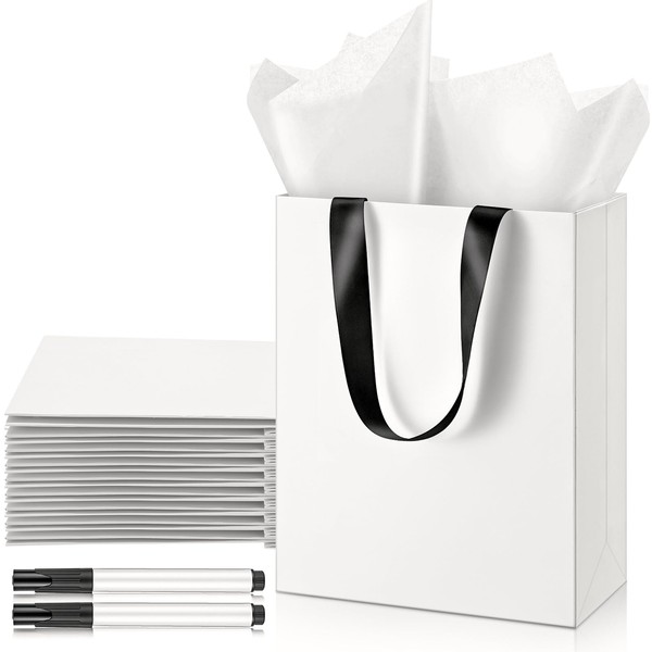 Yeaqee 12 Pack Blank Gift Bags with Tissue Paper Marker,