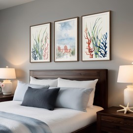 Framed Coastal Colorful Coral Wall Art for Living Room, 3 Piece Beach Ocean Seascape Artwork for Walls, Large Watercolor Marine Plants Pictures Prints for Bedroom Hallway Kitchen Wall Decor, 16x24 In