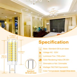 2 Pack - G8 GY8.6 LED Light Bulbs Dimmable 7W Equivalent to G8 Halogen Bulb 75W-80W 730LM, GY8.6 /G8 Bi-Pin Base Light Bulb AC 120V for Under Cabinet Light Kitchen Lighting (Daylight White, 2 Pack)