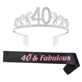 Byou Crystal Birthday Tiara, Tiara with Hair Comb 40th Birthday Rhinestone Crown Tiara with Birthday Sash for Lady Birthday Party Supplies Preferred Decorations