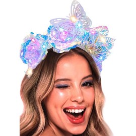 Firuilo Light Up Flower Headband Led Butterfly Hairbands Laser Rave Leaf Head Hoops for Women (B-Style, One Size)