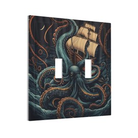 LOLREAI Decorative Light Switch Cover Plate Blue Octopus Pirate Ship Ocean Nautical 2 Gang Wall Plate Cover Double Toggle Switch Plate Covers Electric Dual Device Electrical Faceplate