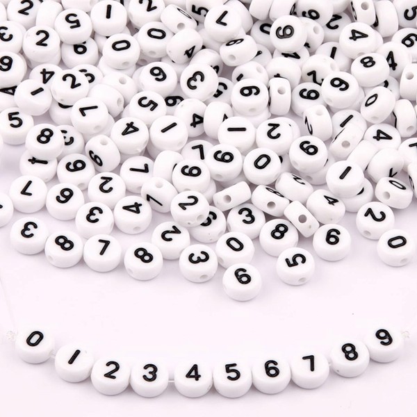 ZesNice 600 pcs Number Beads for Bracelet Making, White 7 * 4 mm Round Number Beads for Jewellery Friendship Making Kit