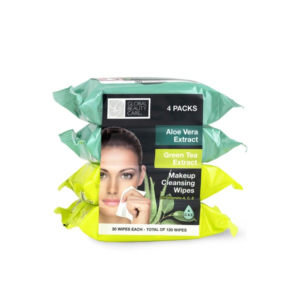 Global Beauty Care Cleansing Makeup Removal Cloth Wipes Bulk - Great for travel toiletries - 120 Count (4-Pack) (Aloe Vera & Green Tea)