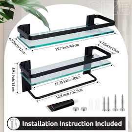 Suzile Set of 2 Glass Bathroom Shelves with Towel Bar, Wall Mounted 15.7 x 4.7 Inches, Bathroom Shelves Hanging Modern Floating Shelf Metal Stick Room Rustproof Organizer Decorative(Black)