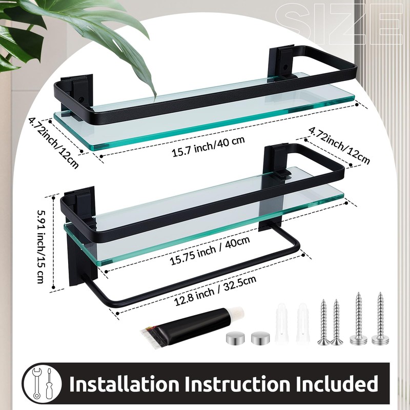 Suzile Set of 2 Glass Bathroom Shelves with Towel Bar,