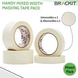 brackit Multi Size White Masking Tape; Pack of 4 x 48m; 2 x 24mm and 2 x 48mm – Easy Removal For Painting & Decorating or Arts