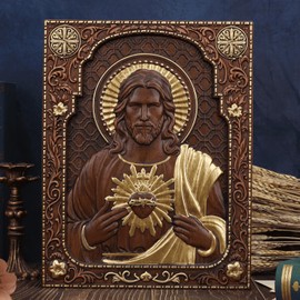 QIADGE Sacred Heart of Jesus Wood Carved statue catholic sacred heart wall decor Christian Religious gift jesus statue(19.6 * 15.4 inches)