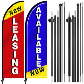 Reallnaive 2 Pcs Now Leasing/available 10 ft Swooper Feather Flags Set Advertising Flag Banner with 5 Poles and 1 Stand Swooper Sign Poles Kit Advertising Signs for Retail Stores Business
