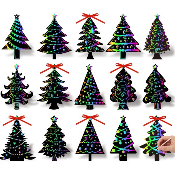JarThenaAMCS 120Pcs Christmas Tree Scratch Paper Rainbow DIY Scratch Art
