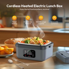 Cordless Electric Heated Lunch Box for Adults Men Women, Rechargeable Self Heating Battery Powered Food Warmer with 1L Container Fork Spoon and Insulated Carry Bag for Car Truck Travel Office(Grey)