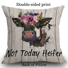 Smooffly Funny Quote Cushion Cover, Not Today Heifer Throw Pillow Cover,Outdoor Cushion Watercolor Flower Cow Throw Pillow Case Decorative for Living Room Sofa Bed,45cmx45cm 18x18 inch