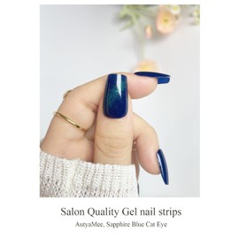 AutyaMee Semi Cured Gel Nail Strips (Sapphire Blue Cat Eye)-20 PCS Gel Nail Stickers | UV Light Required | Gel Nail Wraps, Salon Quality & Easy To Use