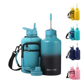 FAHRMOSIS 64 Oz Water Bottle with Straw & Holder Strap | Insulated Water Bottle Water Jug Includes 3 Lids Water Bottles | Stainless Steel Water Bottle for Men & Women - Indigo Green