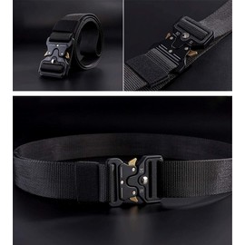 Reelau Men's Tactical Belt with Quick Release Metal Buckle, 49 * 1.5 inch Heavy Duty Nylon Belt Quick Release Military Style Sports Webbing Belt with 2*Metal Keys Clip, 1*Bottle Clip (Black)