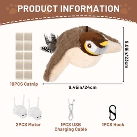 Esoes Flappy Bird Cat Toy No Flying Chirping Bird Interactive Catnip Toy for Kitten USB Rechargeable Motion Activated Interactive Beating Wings Cat Toy Hanging Flapping Bird for Cats with Two Motor