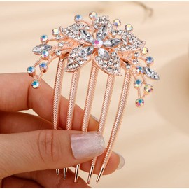 Missgrace Boho Prom Party Flower Floral Hair Combs Blue Pink Purple Champagne Bridal Wedding Shiny Hair Comb Crystal Rhinestones Women Hair Side Combs Hair Accessories for Women (Gold)