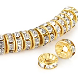 ZHIYUXI 200PCS Gold Spacer Beads for Jewelry Making 8mm Crystal Rhinestone Rondelle Gold Spacers Beads for Bracelets Necklaces