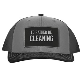 I'd Rather Be Cleaning - Leather Black Patch Engraved Trucker Hat, Grey-Steel, One Size