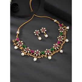 Aheli Gold Plated Red & Green Synthetic Stone & Pearl Studded Necklace & Drop Earrings Set Ethnic Fashion Jewellery Gift for Women