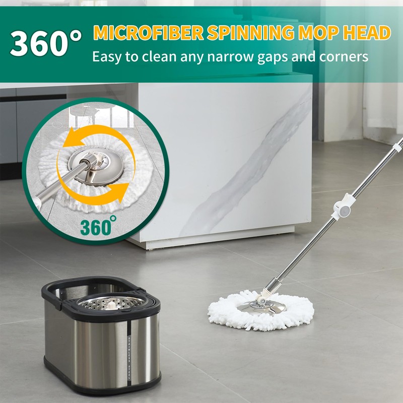 Stainless Steel Spin Mop and Bucket with Wringer Set, 360°