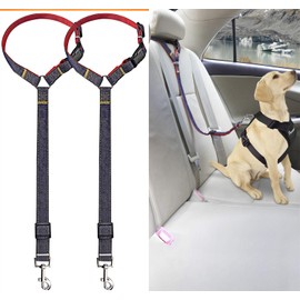 Bark Lover Dog Seat Belts for Cars - Unique Denim & Nylon Fabric, Adjustable Dog Safety Belt Car Headrest Restraint, 2-Pack